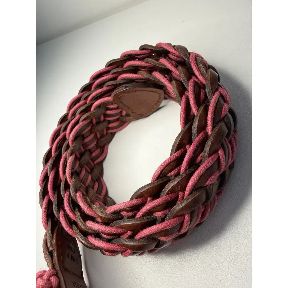 Braided Genuine Leather Belt Pink Brown Gold Buckle Woven Gaucho XL 42”